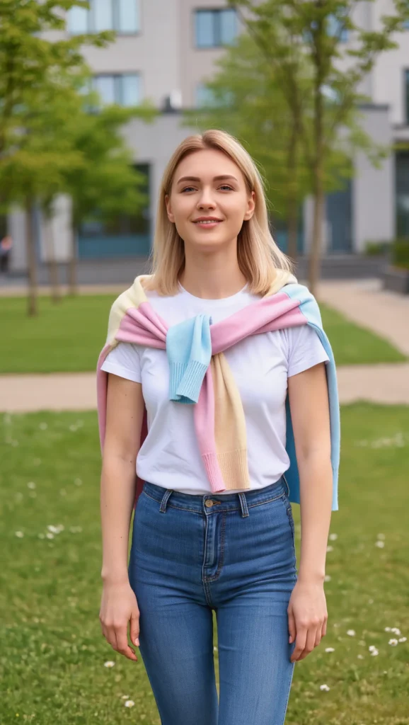 23 Chic Minimal Spring Outfits for 2026: The Beauty of Less 19 Lightweight Sweater Draped Over Shoulders + Jeans