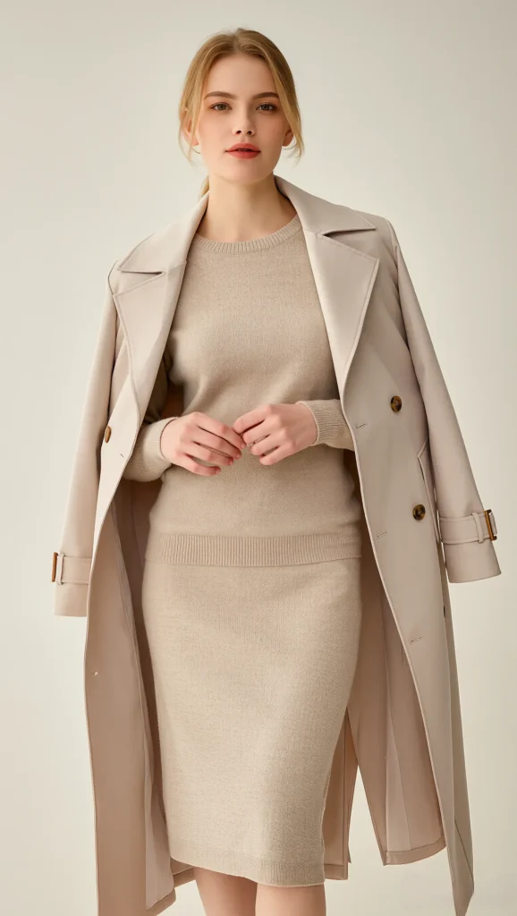 23 Chic Minimal Spring Outfits for 2026: The Beauty of Less 3 Lightweight Trench Coat + Neutral Knit Set