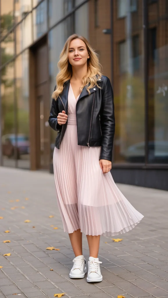 22 Spring Street Style Outfits 2026: Trendy & Wearable Looks 15 Midi Dress + Sneakers + Leather Jacket