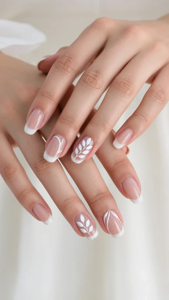 21 Wedding Nails 2026: Elegant & Trendy Bridal Nail Ideas 9 Milky Nude Nails with Fine Line Botanical Art