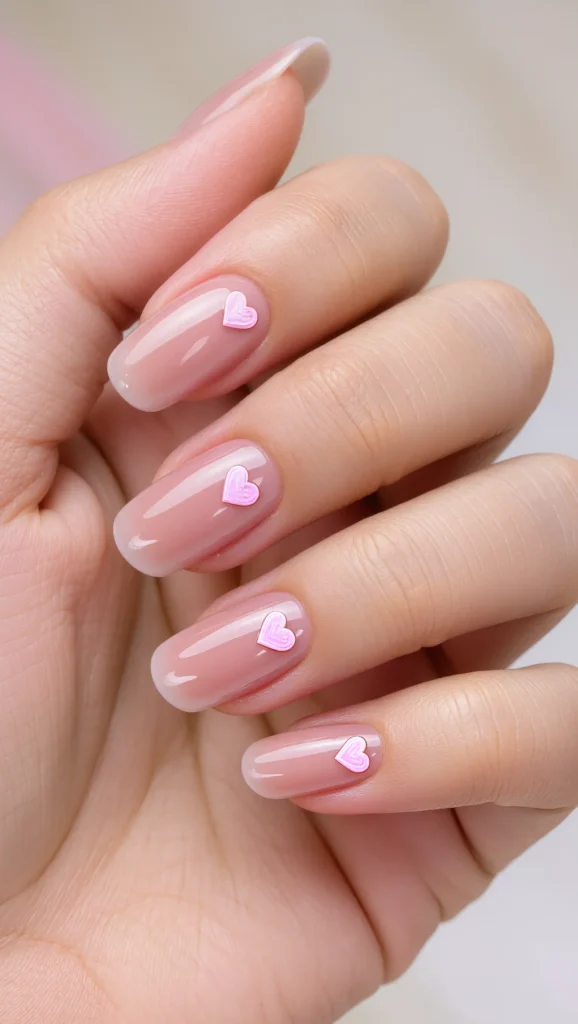 Milky Nude Pink Nails with Minimal Hearts