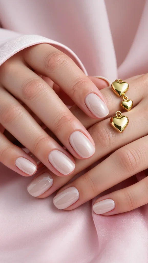 21 Best Coquette Valentine Nail Ideas 2026 for a Feminine Look 11 Milky Nude Nails with Tiny Love Charms