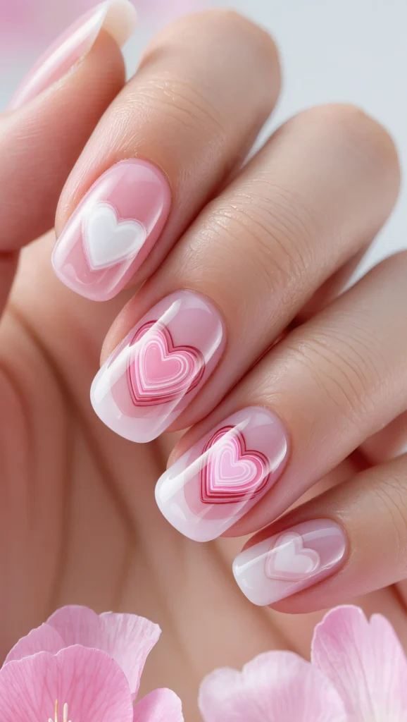 22 Valentine Heart Nail Designs: Cute & Romantic Ideas 7 Milky Pink Nails with Floating Heart Art