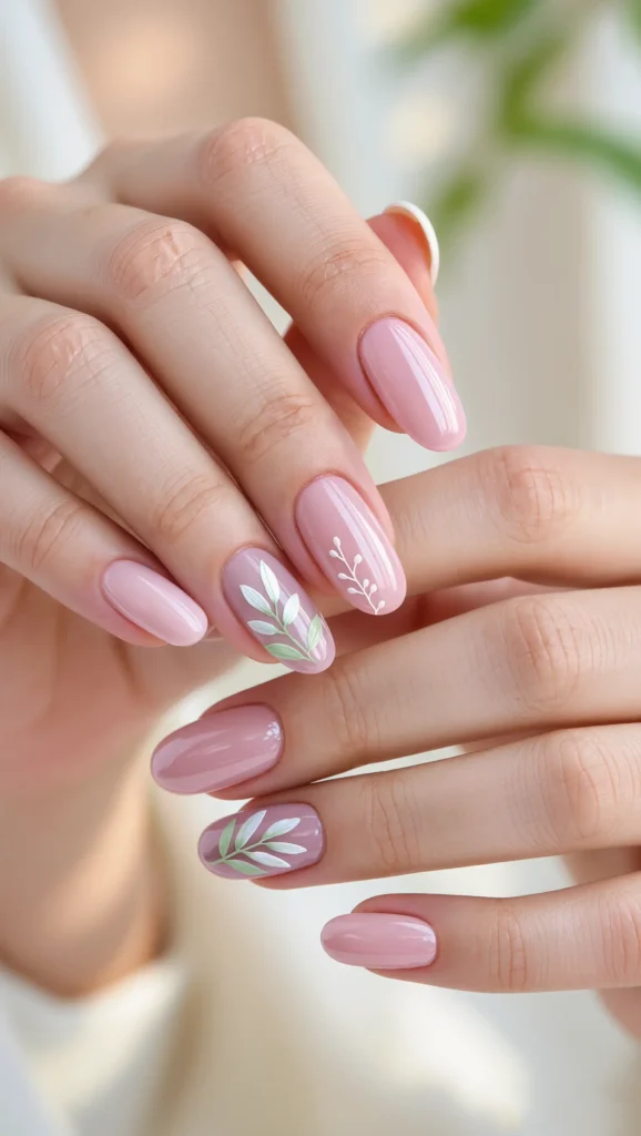 Floral Nails Are Blooming: 21 Flower Nail Trends for 2026 17 Milky Pink Nails with Botanical Line Work