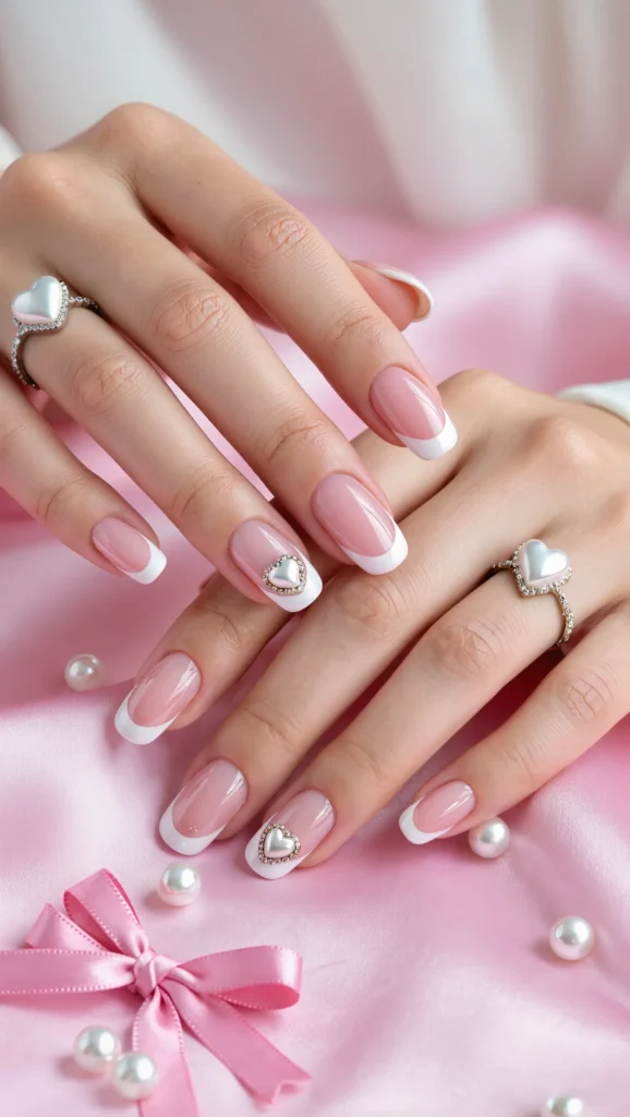 21 Best Coquette Valentine Nail Ideas 2026 for a Feminine Look 19 Milky Pink Nails with Pearl French Tips