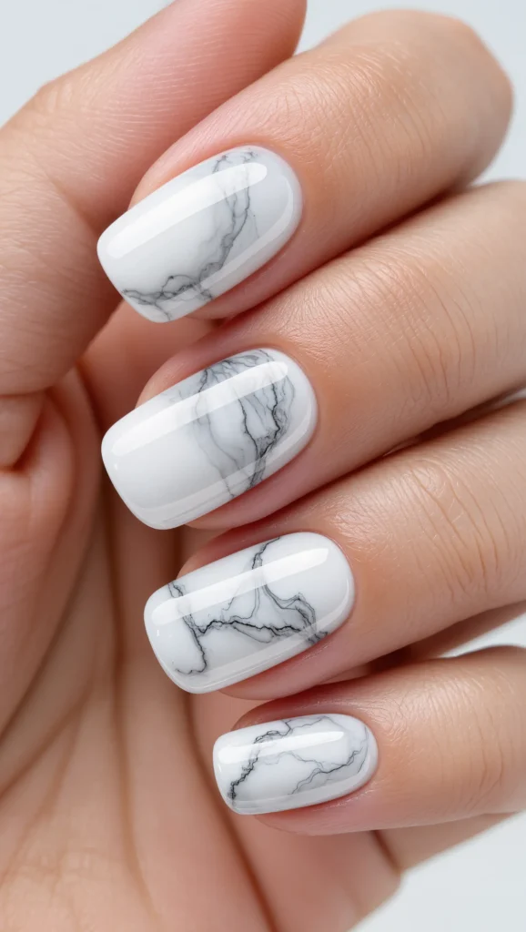 Milky White Marble Nails with Soft Gray Veining