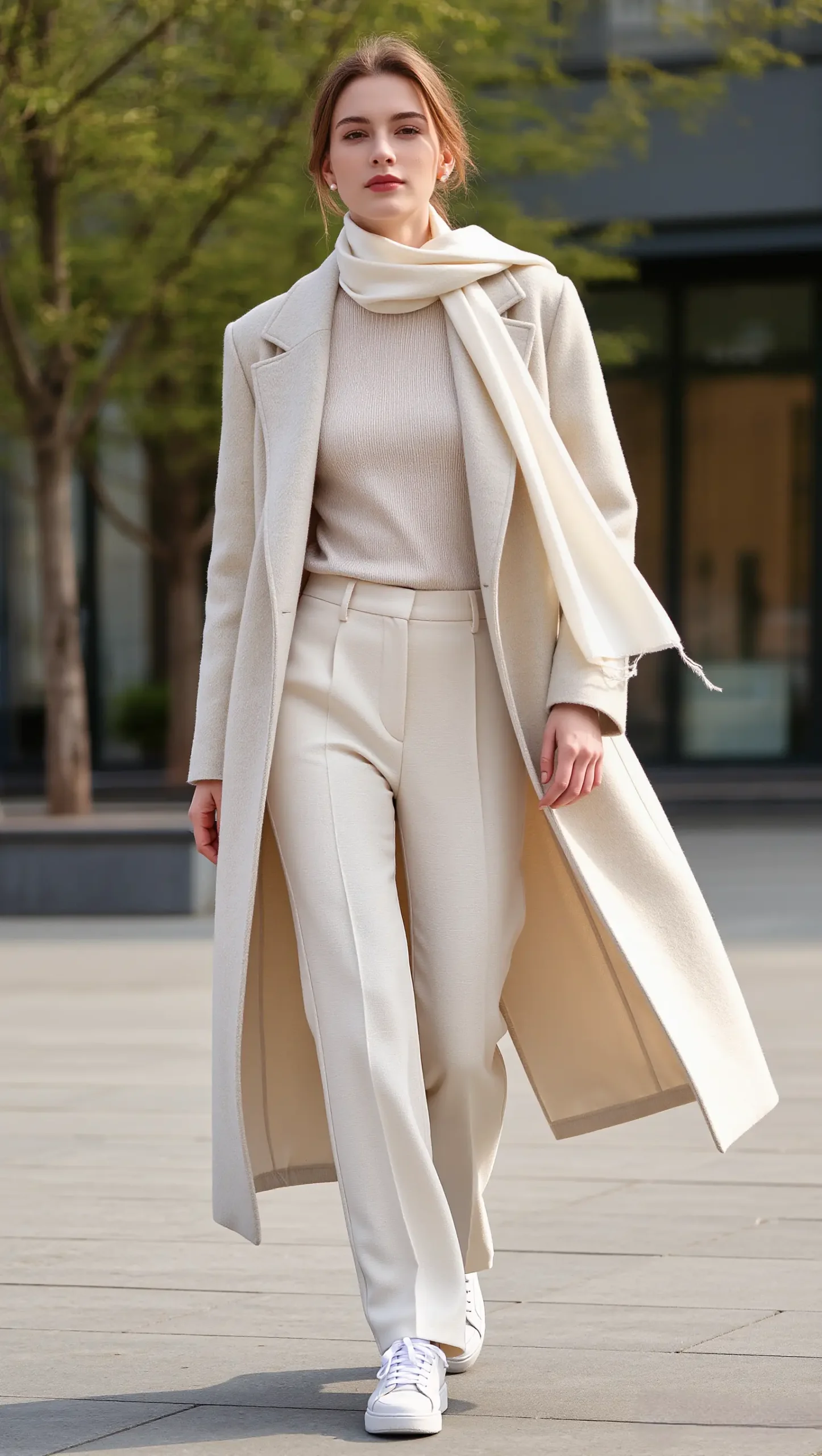 23 Chic Minimal Spring Outfits for 2026: The Beauty of Less 1 Monochrome Cream Outfit with Clean Sneakers