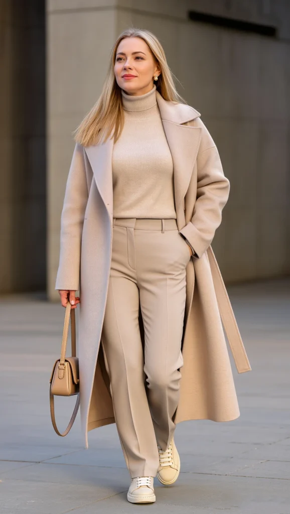 22 Spring Street Style Outfits 2026: Trendy & Wearable Looks 9 Monochrome Gray or Beige Look + Sleek Trainers