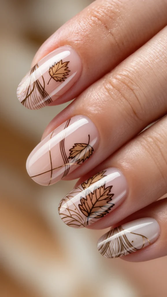 Neutral Fall Nails with Fine Line Art