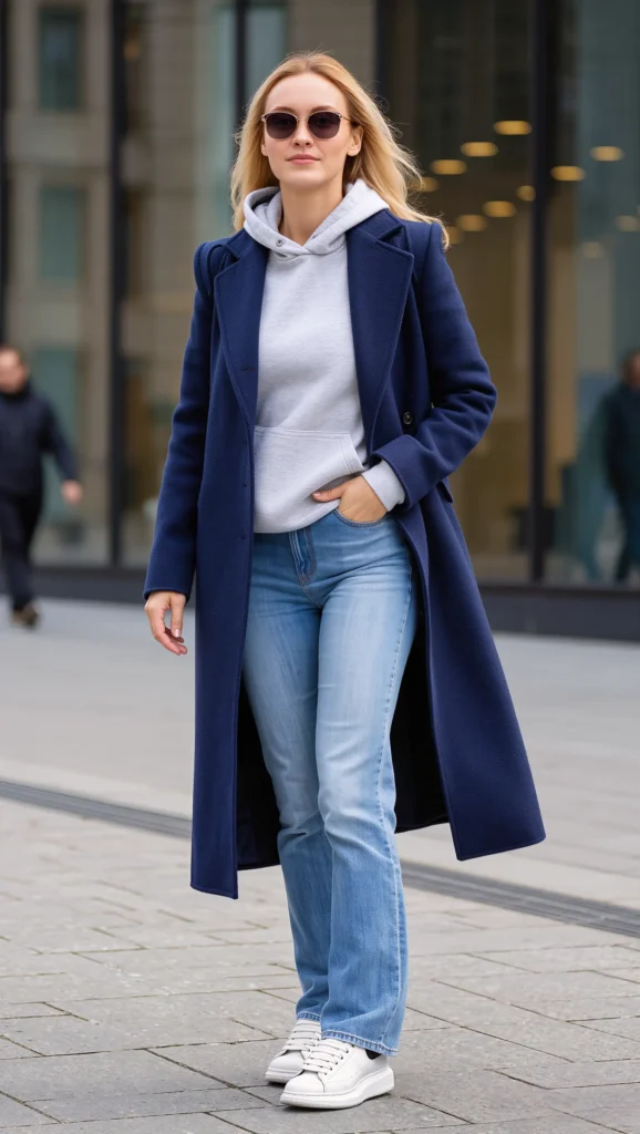 22 Spring Street Style Outfits 2026: Trendy & Wearable Looks 18 Neutral Hoodie + Tailored Coat