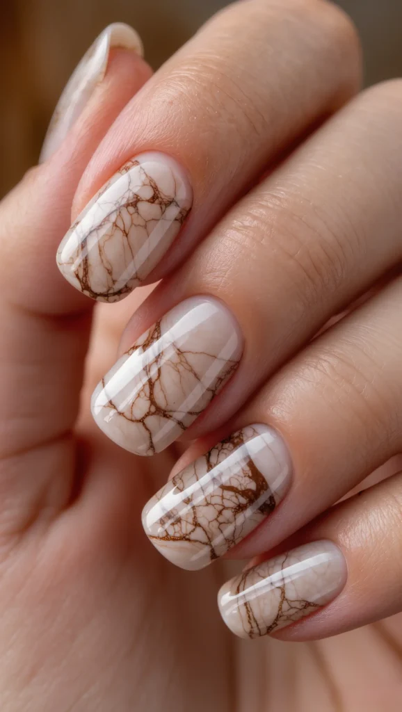 Neutral Marble Nails in Warm Fall Tones