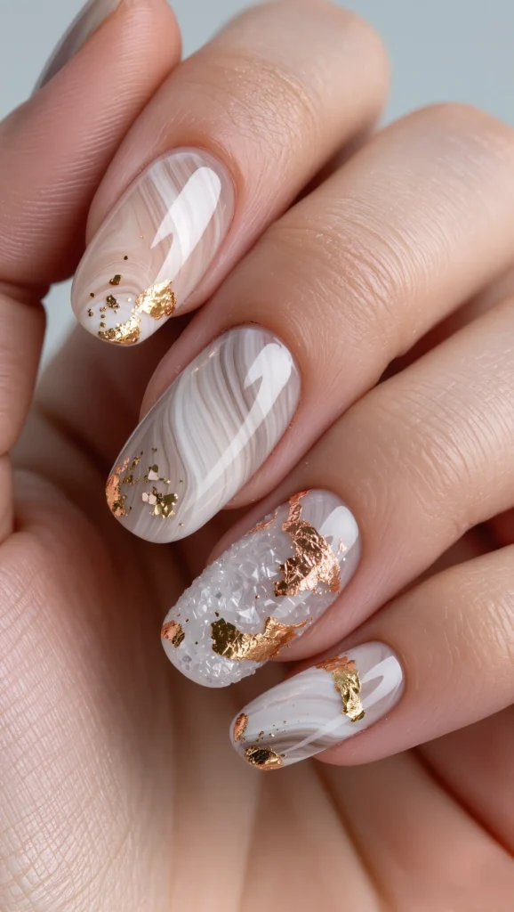 Neutral Marble Nails with Metallic Accents