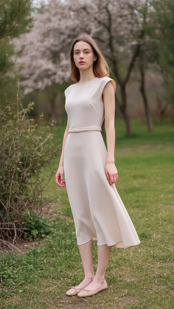 23 Chic Minimal Spring Outfits for 2026: The Beauty of Less 22 Neutral Midi Dress + Ballet Flats
