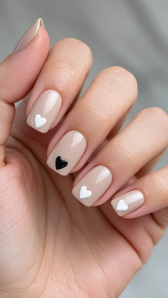 Neutral Nails with Delicate Heart Accents