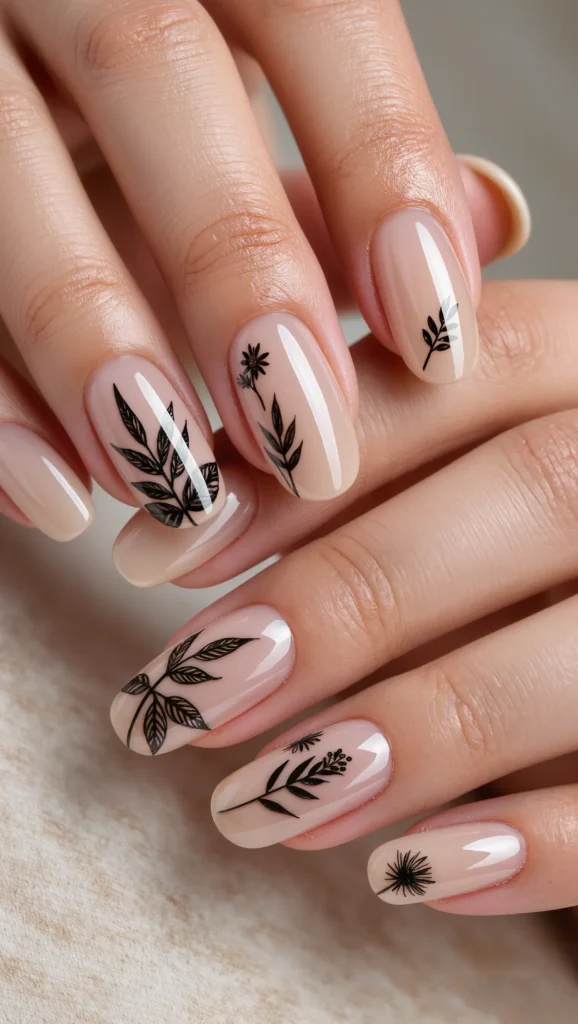 Floral Nails Are Blooming: 21 Flower Nail Trends for 2026 7 Neutral Nails with Fine Botanical Sketches