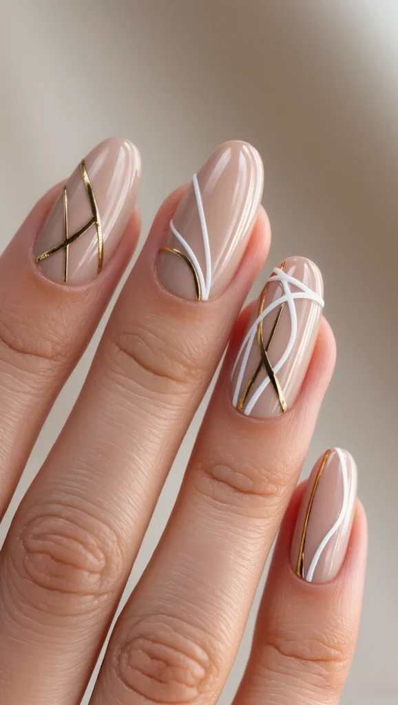 Neutral Nails with Fine Line Art