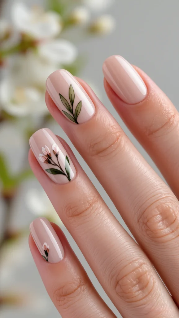 Neutral Nails with Fine Line Floral Art