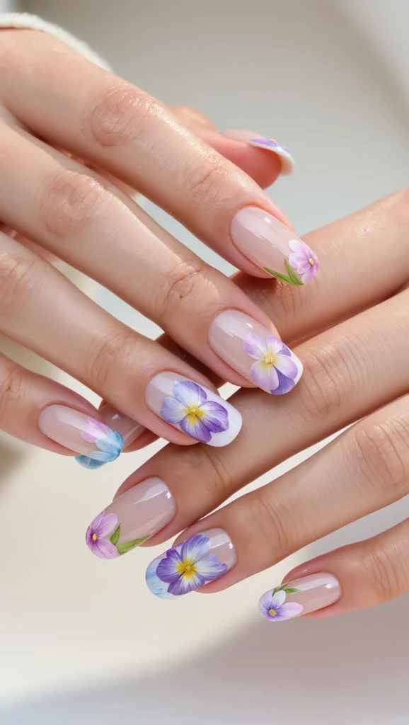 Floral Nails Are Blooming: 21 Flower Nail Trends for 2026 19 Neutral Nails with Soft Watercolor Flowers