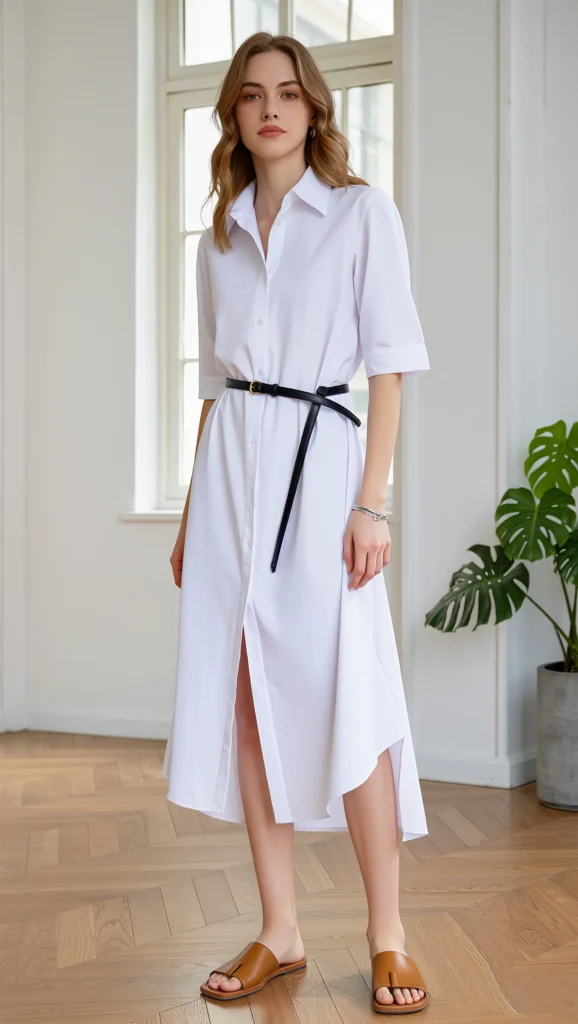 23 Chic Minimal Spring Outfits for 2026: The Beauty of Less 11 Neutral Shirt Dress + Slim Belt