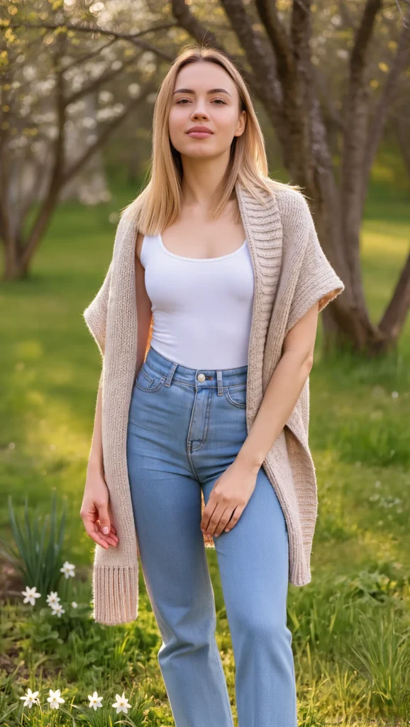 21 Casual Everyday Spring Outfits 2026: Chic & Comfortable Looks 21 Neutral Tank + Lightweight Knit Wrap + Jeans
