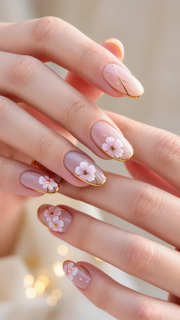 Floral Nails Are Blooming: 21 Flower Nail Trends for 2026 12 Nude Nails with Gold-Outlined Floral Art