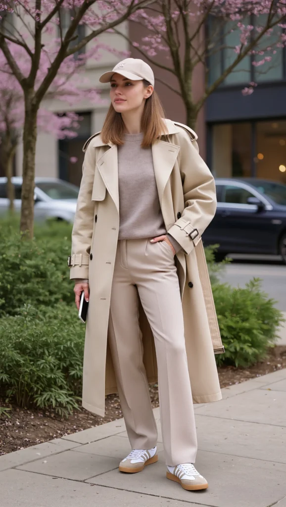 22 Spring Street Style Outfits 2026: Trendy & Wearable Looks 2 Oversized Trench + Baseball Cap + Retro Sneakers