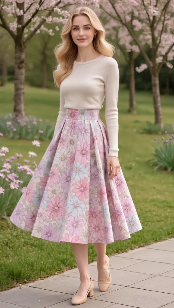 22 Floral Spring Outfit Ideas for 2026: Romantic & Chic 6 Pastel Floral Skirt with a Simple Knit Top