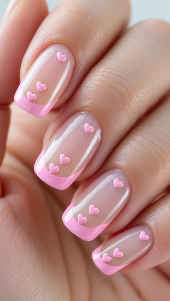 Pink French Tip Nails with Micro Hearts