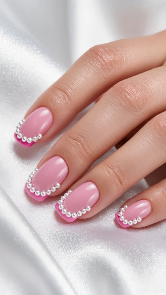 21 Best Coquette Valentine Nail Ideas 2026 for a Feminine Look 9 Pink French Tips with Pearl Outline