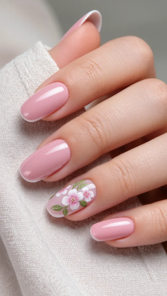 Pink Nails with Floral Valentine Accents