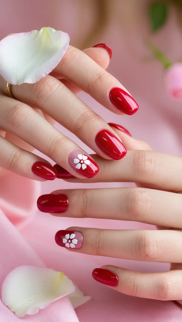 21 Red Nails for Valentine’s Day 2026 You’ll Fall in Love With 20 Red Nails with Minimal Floral Details