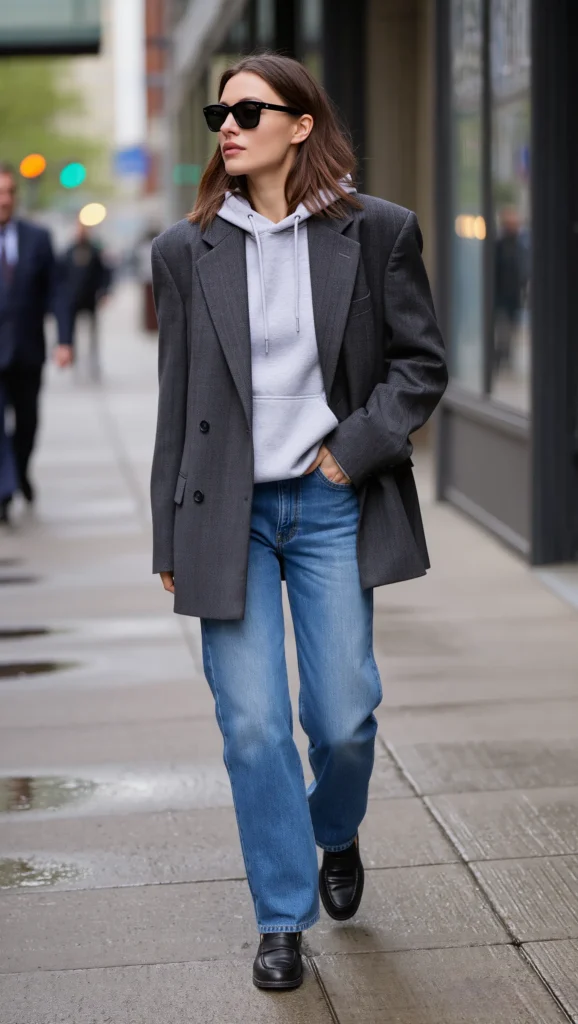 22 Spring Street Style Outfits 2026: Trendy & Wearable Looks 4 Relaxed Blazer + Hoodie + Straight-Leg Denim