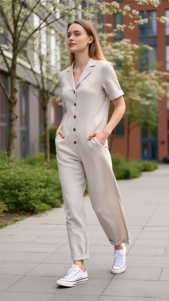 21 Casual Everyday Spring Outfits 2026: Chic & Comfortable Looks 18 Relaxed Jumpsuit + Canvas Sneakers