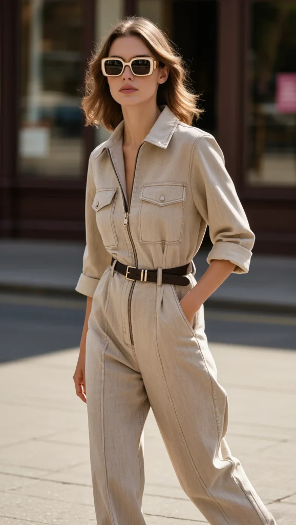 22 Spring Street Style Outfits 2026: Trendy & Wearable Looks 14 Relaxed Jumpsuit + Retro Sunglasses