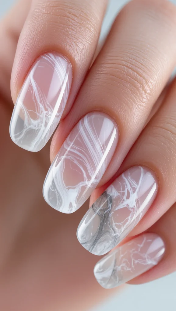 Sheer Base Nails with Light Marble Detailing