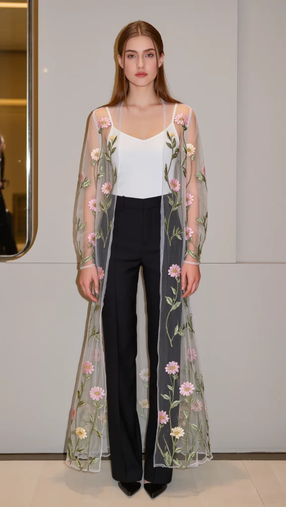 22 Floral Spring Outfit Ideas for 2026: Romantic & Chic 8 Sheer Floral Top with Tailored Trousers