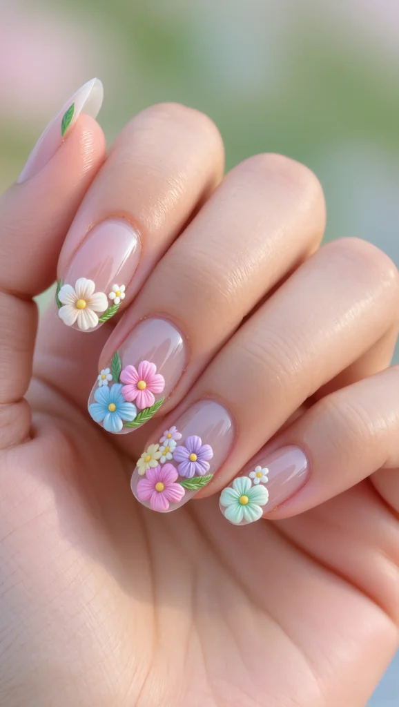 Sheer Nails with Tiny Spring Flower Art