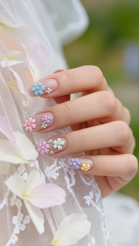 Sheer Nude Nails with Delicate Floral Accents