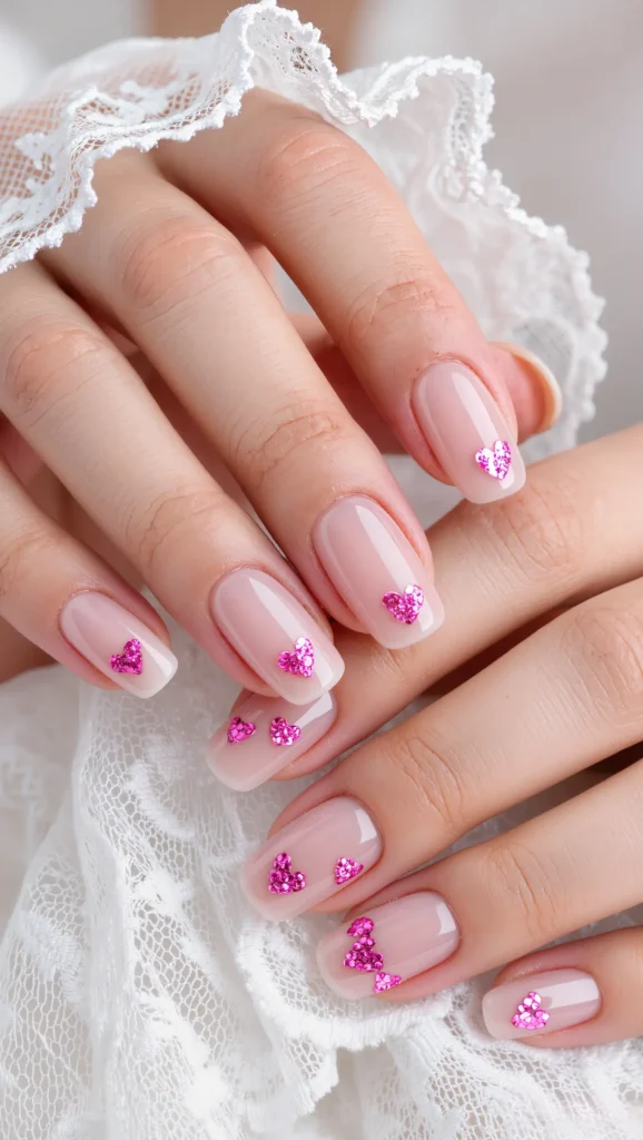 21 Best Coquette Valentine Nail Ideas 2026 for a Feminine Look 16 Sheer Nude Nails with Mini Pink Hearts