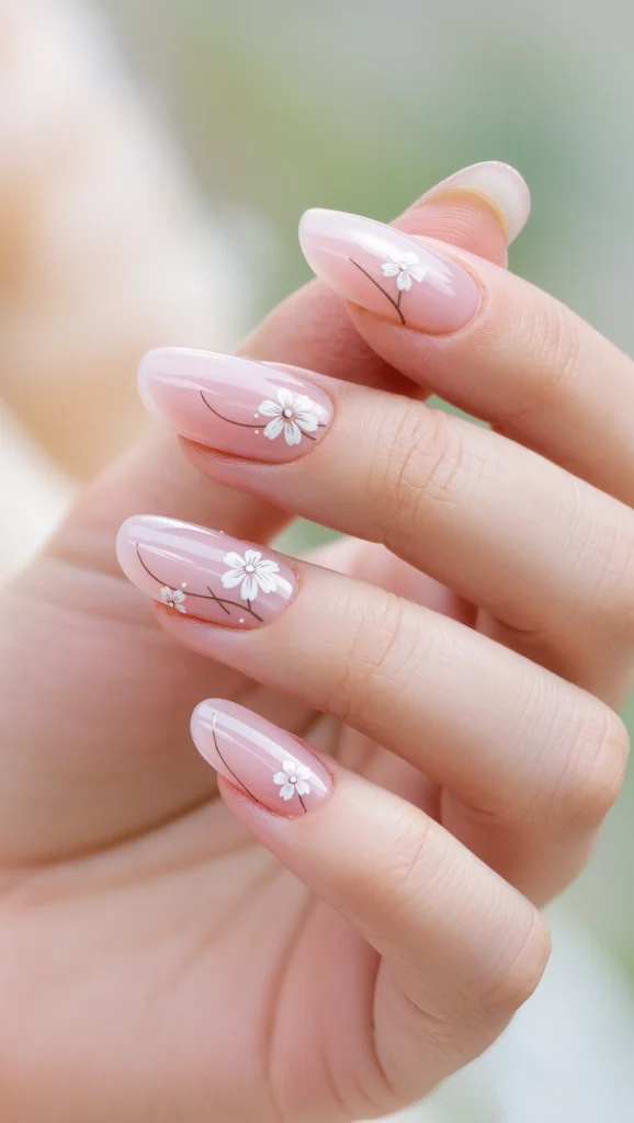 Sheer Pink Nails with Delicate Floral Accents