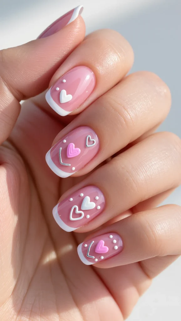 22 Valentine Heart Nail Designs: Cute & Romantic Ideas 10 Sheer Pink Nails with Fine Line Hearts
