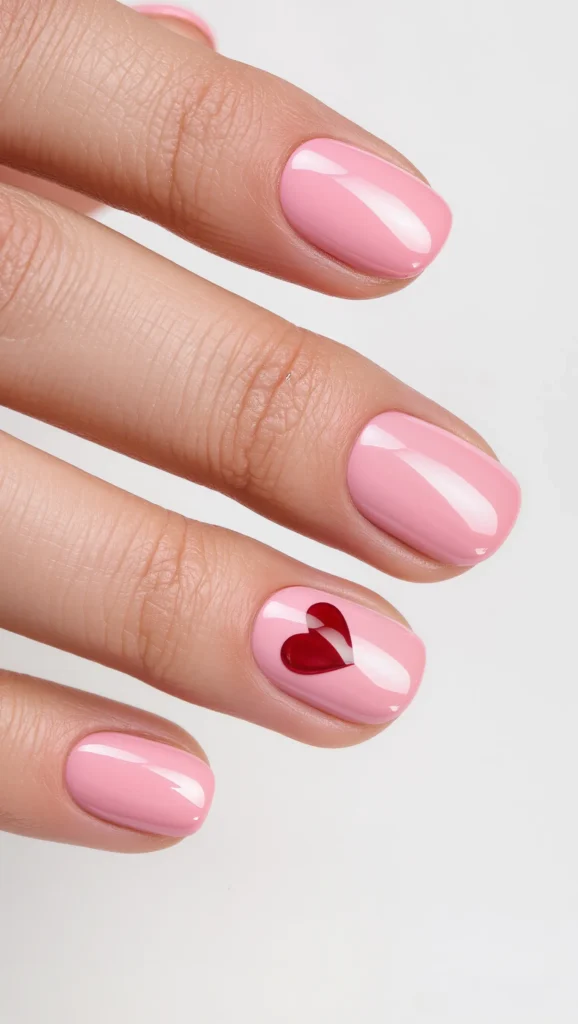 22 Valentine Heart Nail Designs: Cute & Romantic Ideas 8 Short Nails with Single Heart Accent