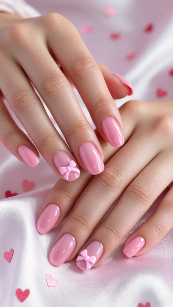 21 Best Coquette Valentine Nail Ideas 2026 for a Feminine Look 12 Short Pink Nails with Minimal Coquette Art