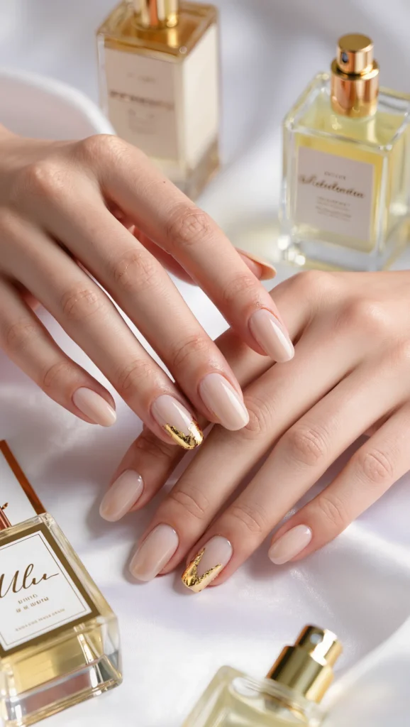 Soft Beige Nails with Gold Foil Details