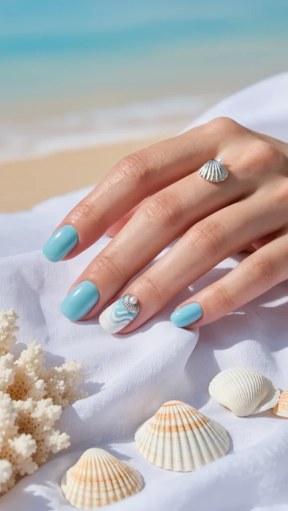 Soft Blue Nails with Beachy Vibes
