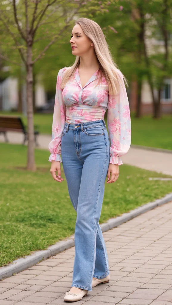 22 Floral Spring Outfit Ideas for 2026: Romantic & Chic 4 Soft Floral Blouse with Light Wash Jeans