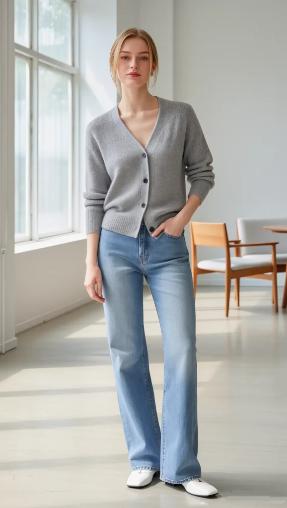 23 Chic Minimal Spring Outfits for 2026: The Beauty of Less 9 Soft Gray Cashmere Cardigan + Relaxed Denim