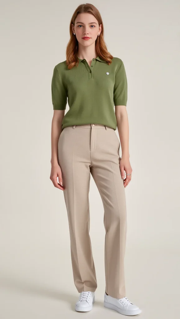 21 Casual Everyday Spring Outfits 2026: Chic & Comfortable Looks 3 Soft Knit Polo + Tailored Trousers