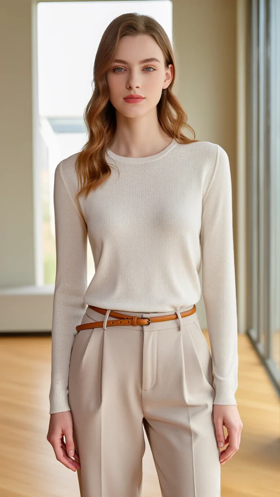 22 Business Casual Spring Outfit Ideas for 2026 3 Soft Knit Top Paired with Neutral Work Pants