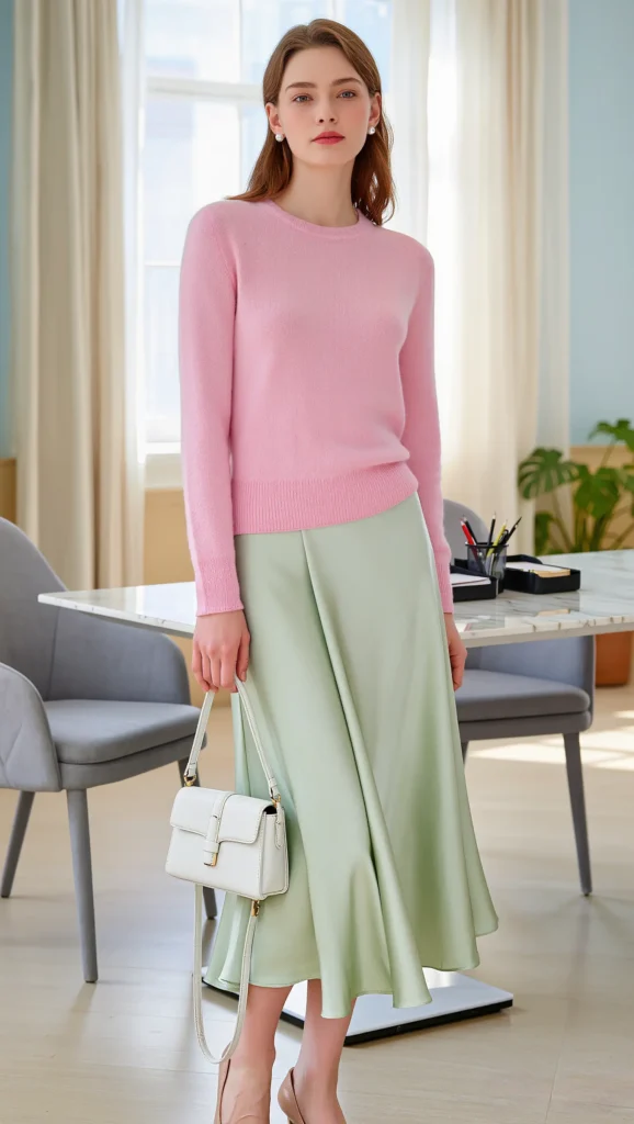 21 Stylish Spring Workwear Outfits for 2026 4 Soft Knit Top Paired with a Midi Skirt